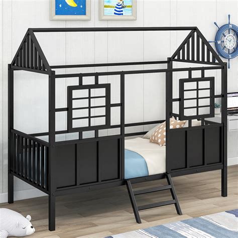 Twin Size Metal House Bed Frame With Shelves And Lights, 